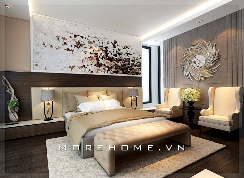 Thiết kế nội thất giường ngủ hiện đại, tối giản kết hợp bọc nỉ màu xám nhẹ tạo nên sự một không gian trang nhã, tinh tế hơn cho căn phòng ngủ